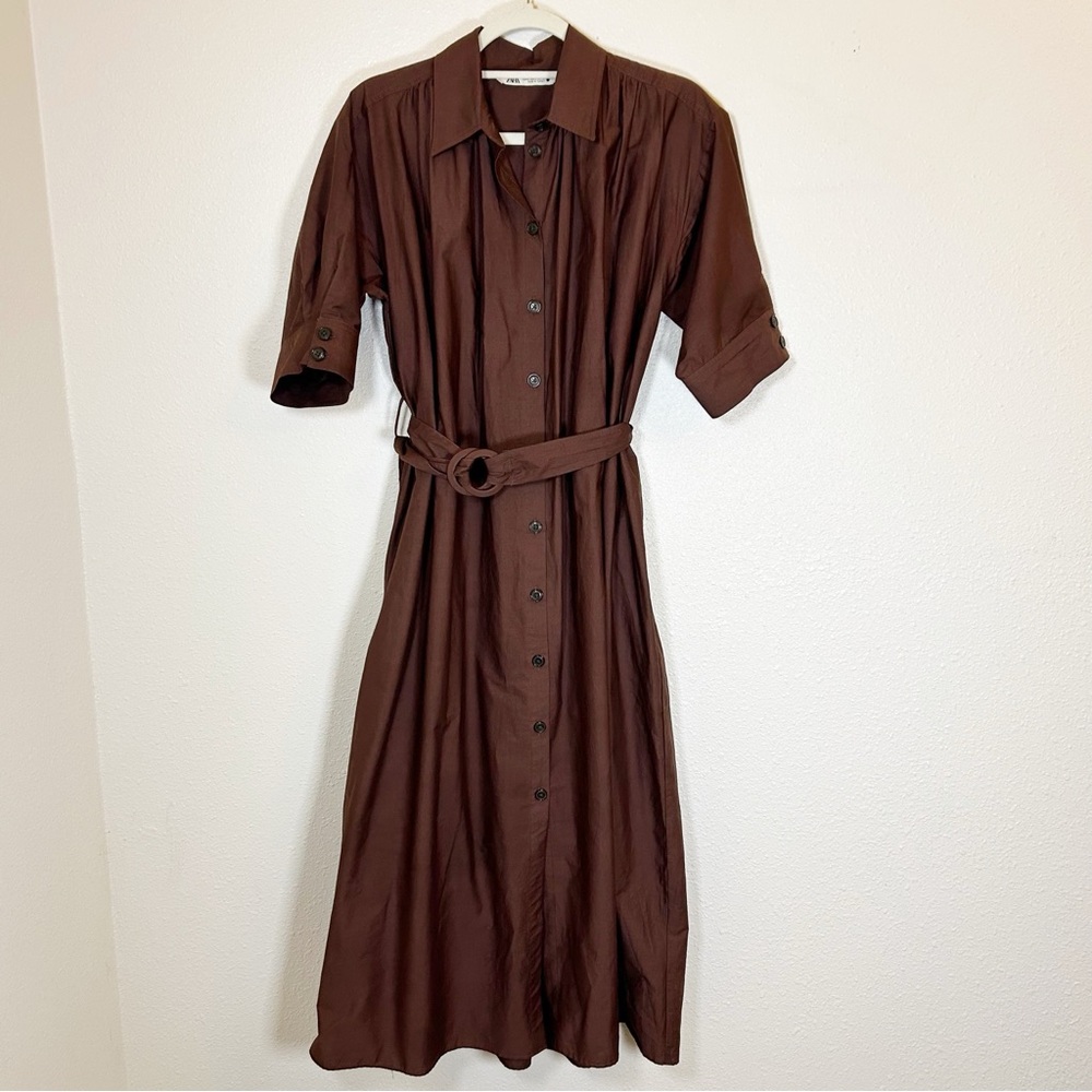 Zara Brown Puff Sleeve Belted Midi Shirt Dress S Old Money Preppy Classic - Picture 3 of 8